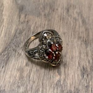Sterling Silver Victorian Style Ring Statement Piece Red Untested Stones Size 6